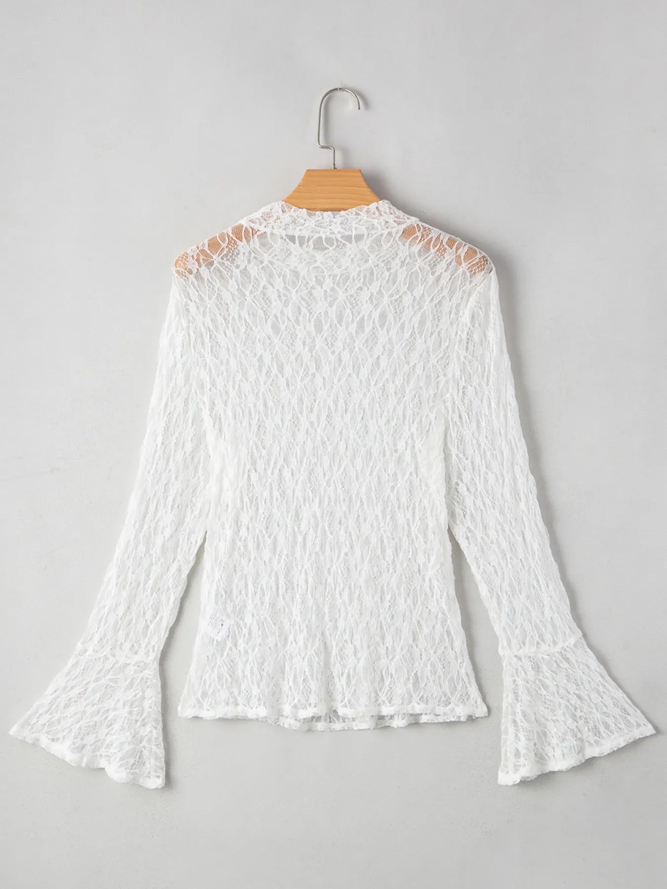 Sheer Lace Bell Sleeve Mock Neck Blouse