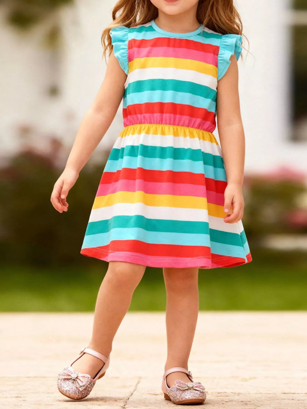 Children's Colorful Striped Ruffle Sleeve Dress