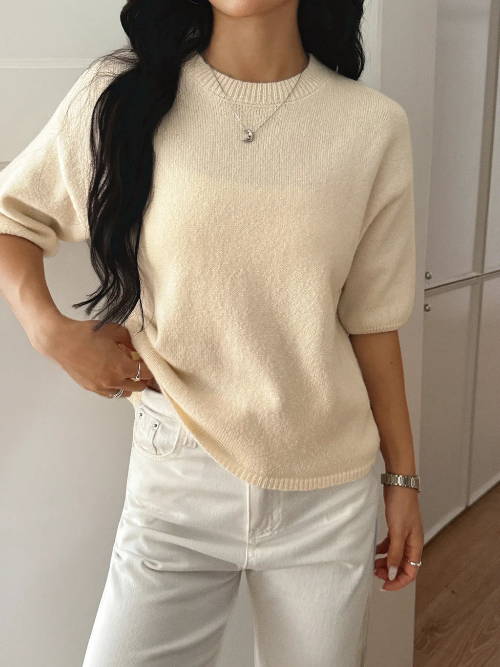 Ribbed Hem Round Neck Sweater