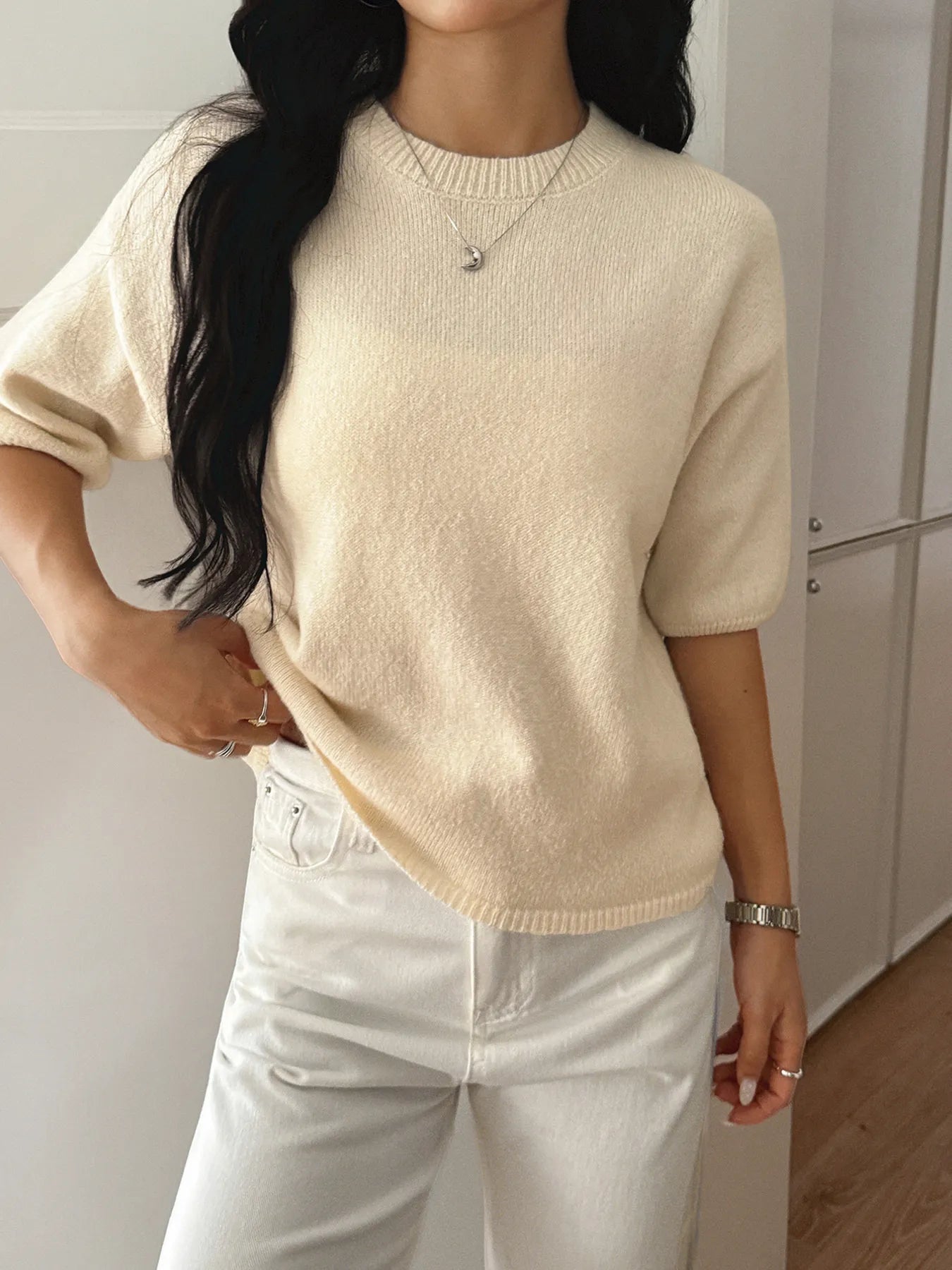 Ribbed Hem Round Neck Sweater