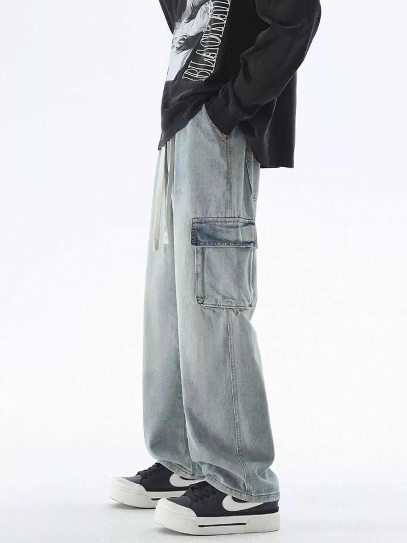 Men's Drawstring Wash Wide Leg Jeans