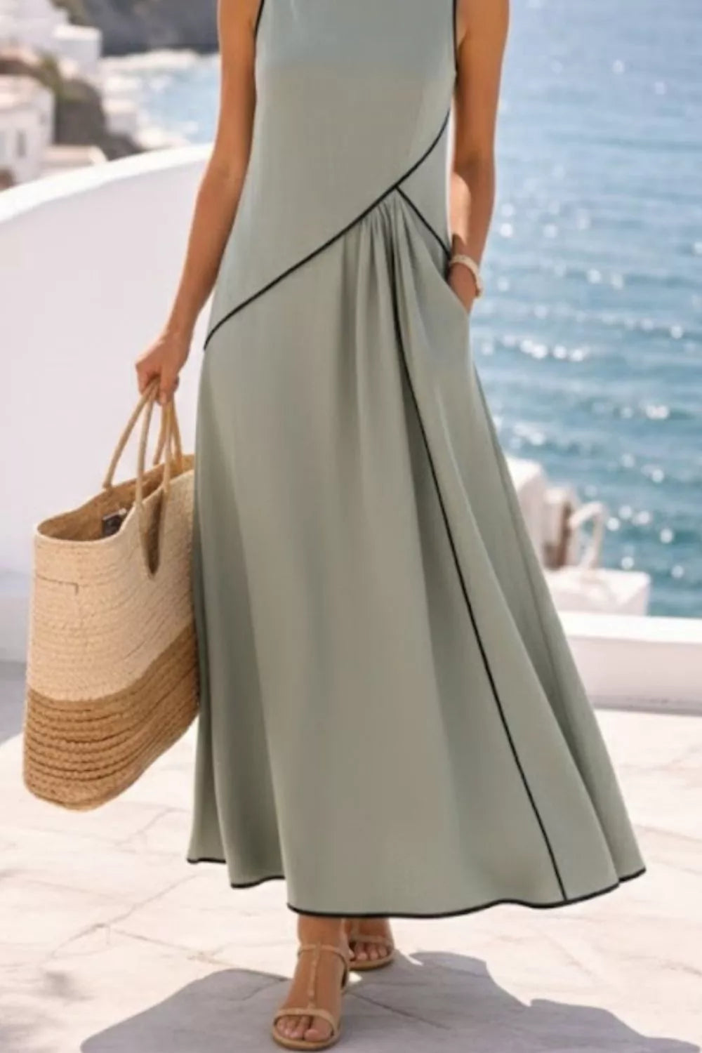 Sleeveless Casual Maxi Dress with Contrast Trim