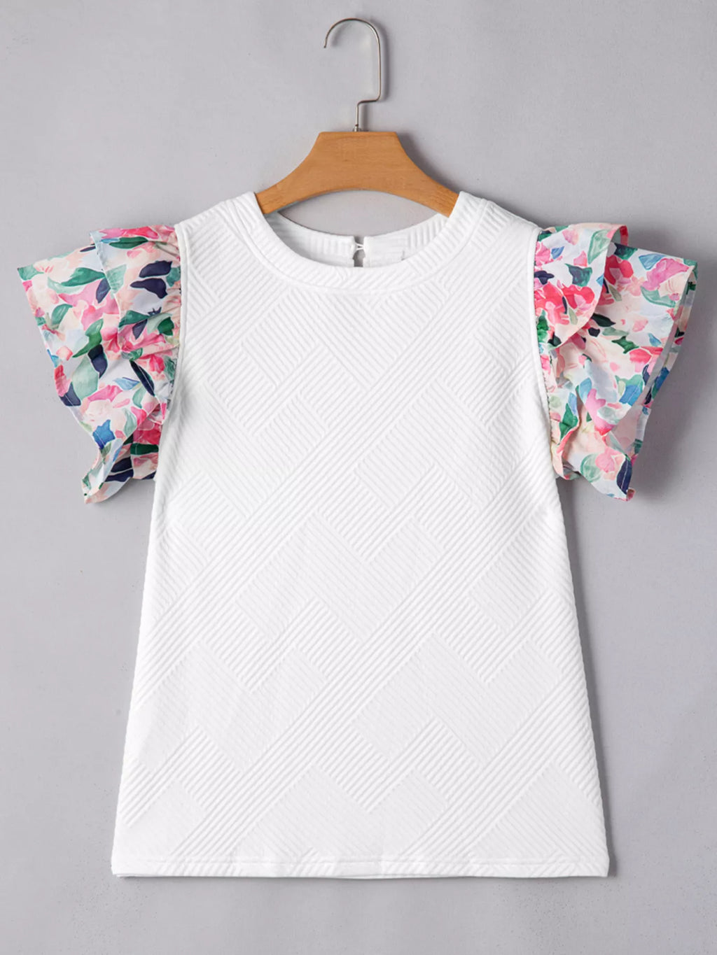 Abstract Print Tiered Ruffled Sleeve Textured Knit Top