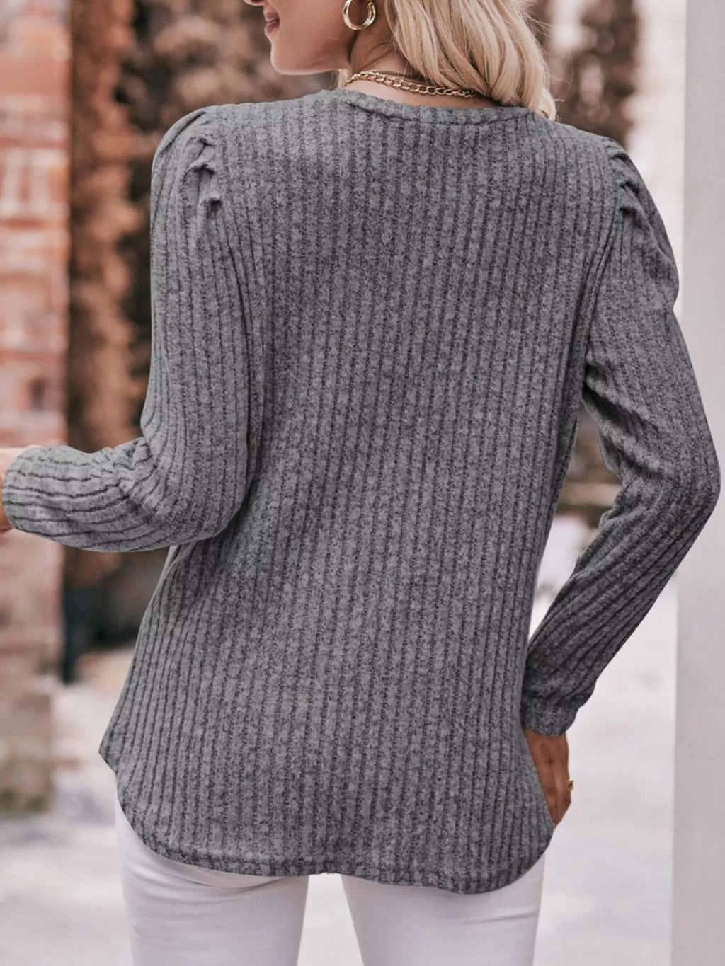 Ribbed Knit Puff Sleeve T-Shirt