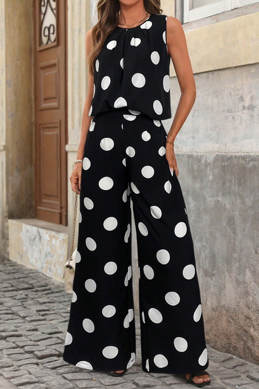Sleeveless Polka Dot Top and Pants Set