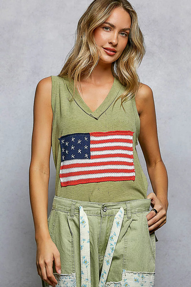 POL V-Neck Ribbed Tank with American Flag Patch and Star Back Patch