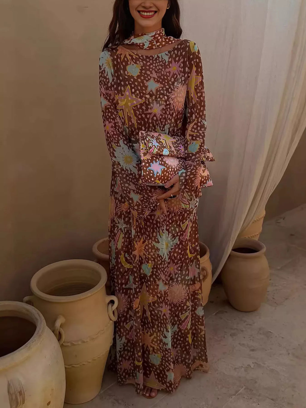 Printed Cami Dress & Long Sleeve Dress & Ribbon Set