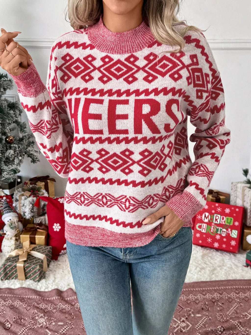 CHEERS Round Neck Long Sleeve Christmas Sweater