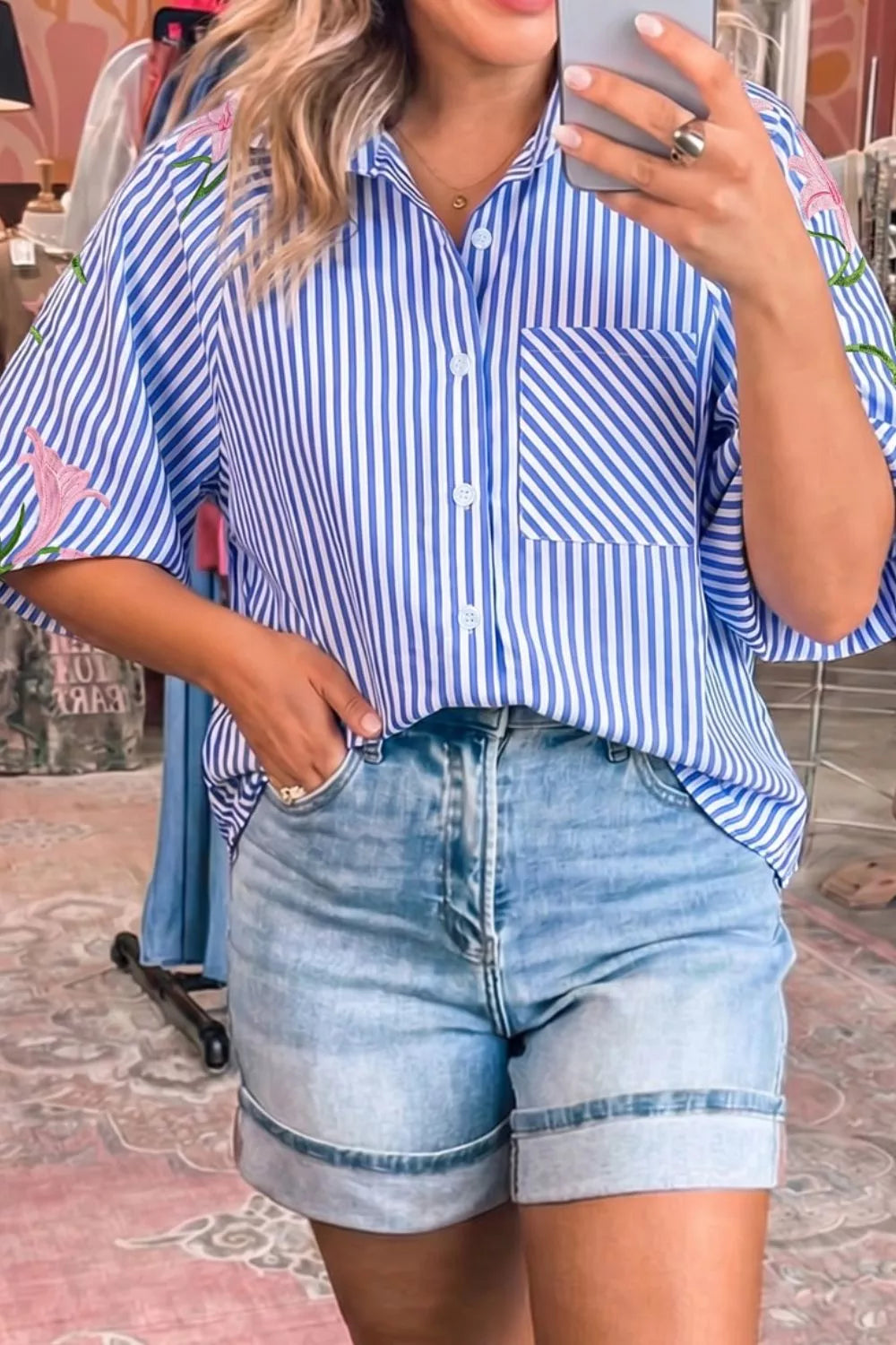 Striped Floral Embroidered Puff Sleeve Button Down Shirt