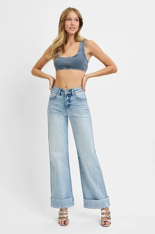 RISEN Full Size Tummy Control High Rise Ankle Wide Cuffed Jeans Plus Size