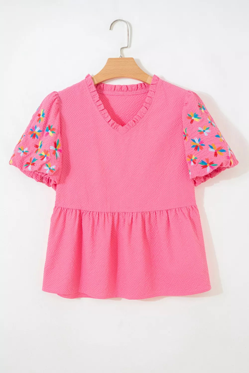 Frilled V Neck Flower Embroidered Puff Sleeve Textured Blouse
