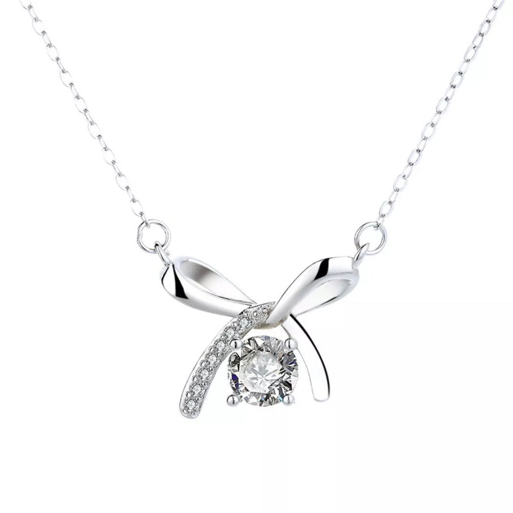 925 Sterling Silver Zircon Ribbon Pendant Necklace