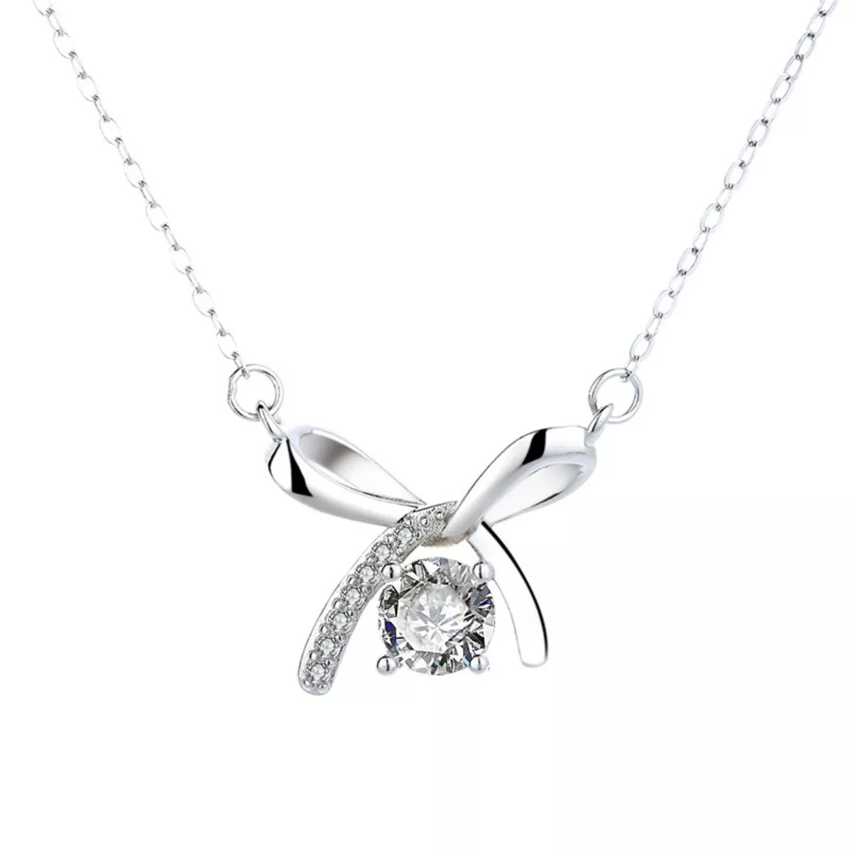 925 Sterling Silver Zircon Ribbon Pendant Necklace