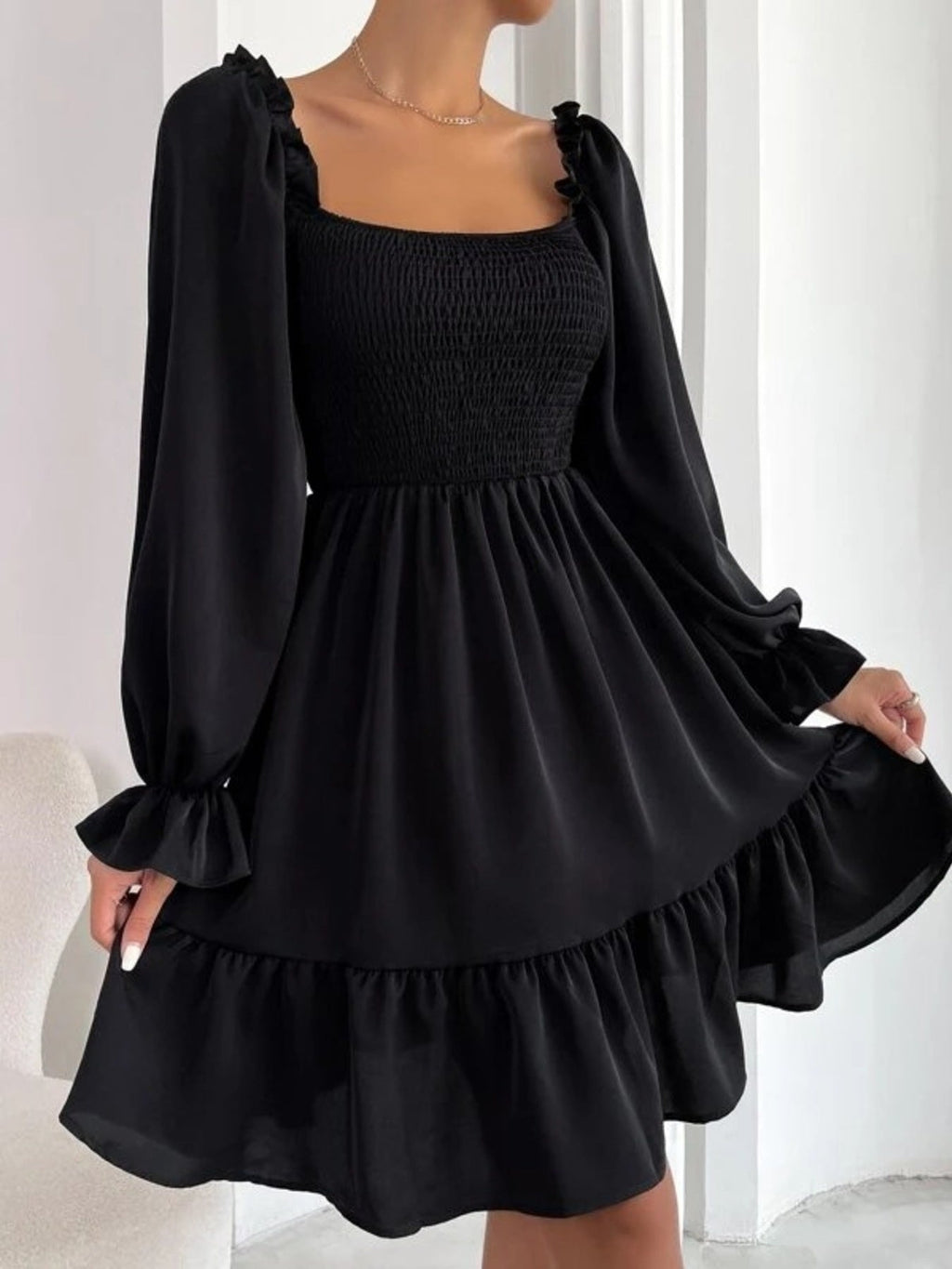 Smocked Flounce Sleeve Mini Dress
