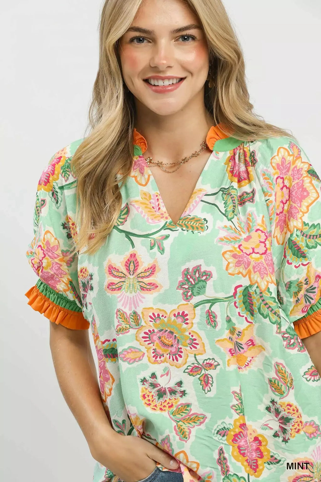 Umgee Floral Print Ruffled Short Sleeve Top