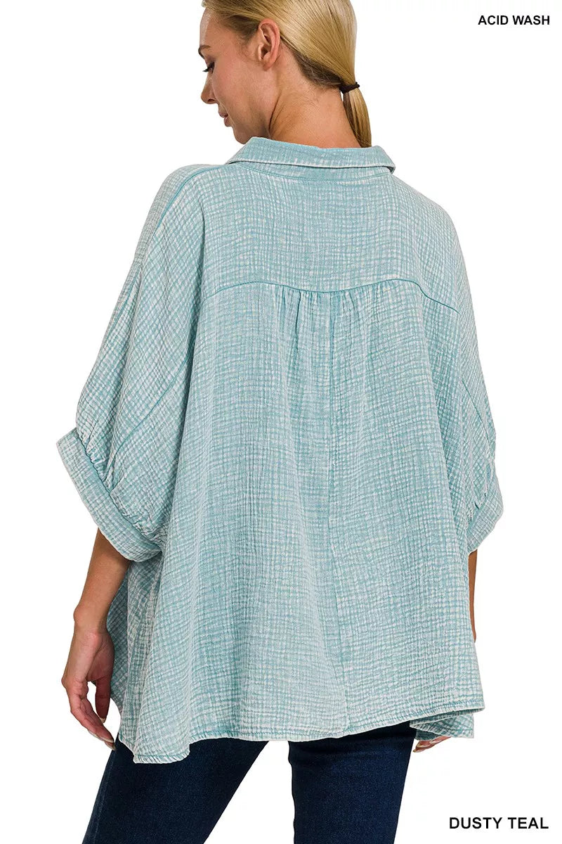 Zenana Washed Double Gauze Button Down Half Sleeve Shirt