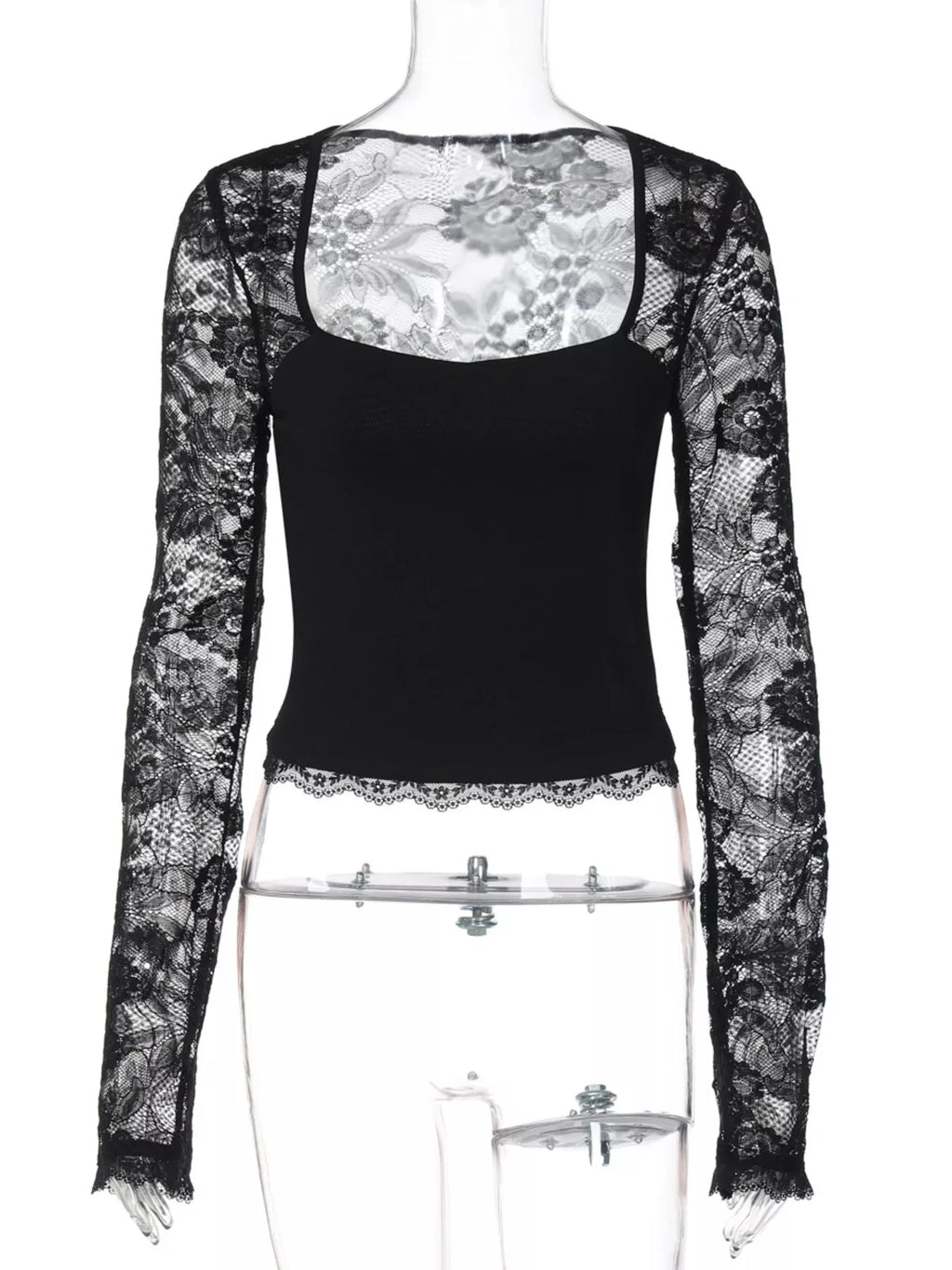 Sheer Lace Sleeve Square Neck T-Shirt