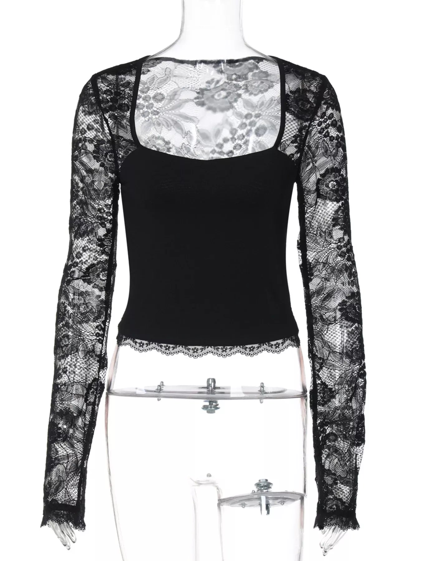 Sheer Lace Sleeve Square Neck T-Shirt