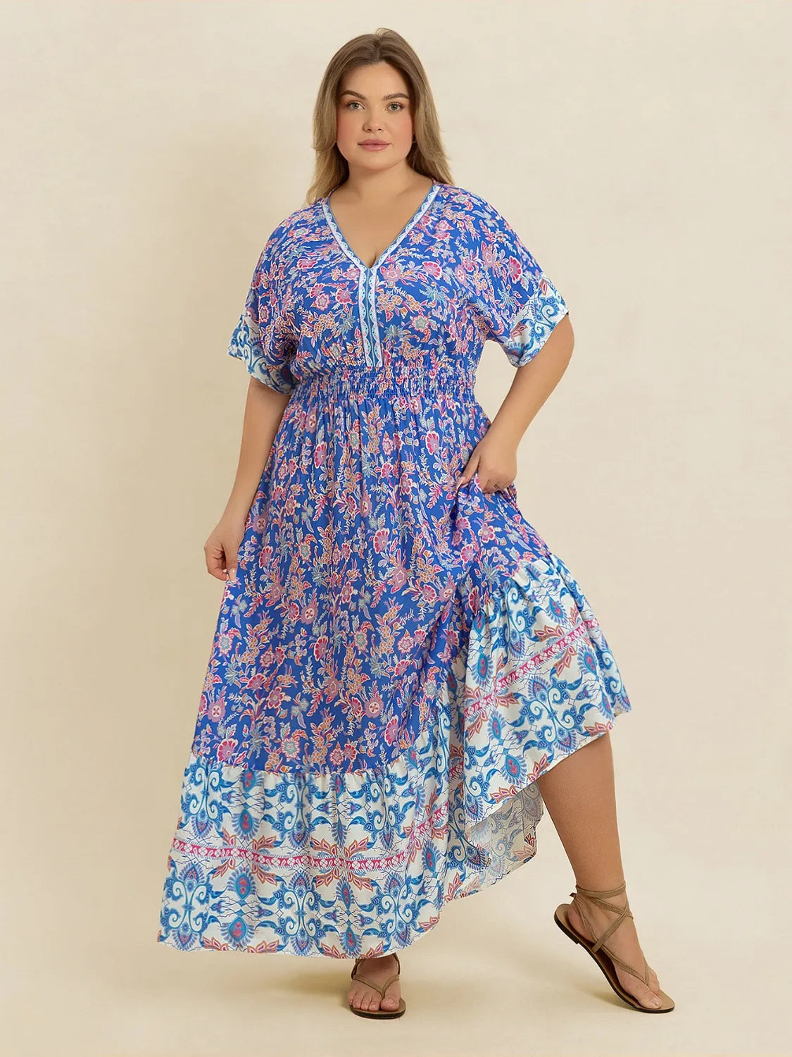 Plus Size Smocked Printed Half Sleeve Midi Dress