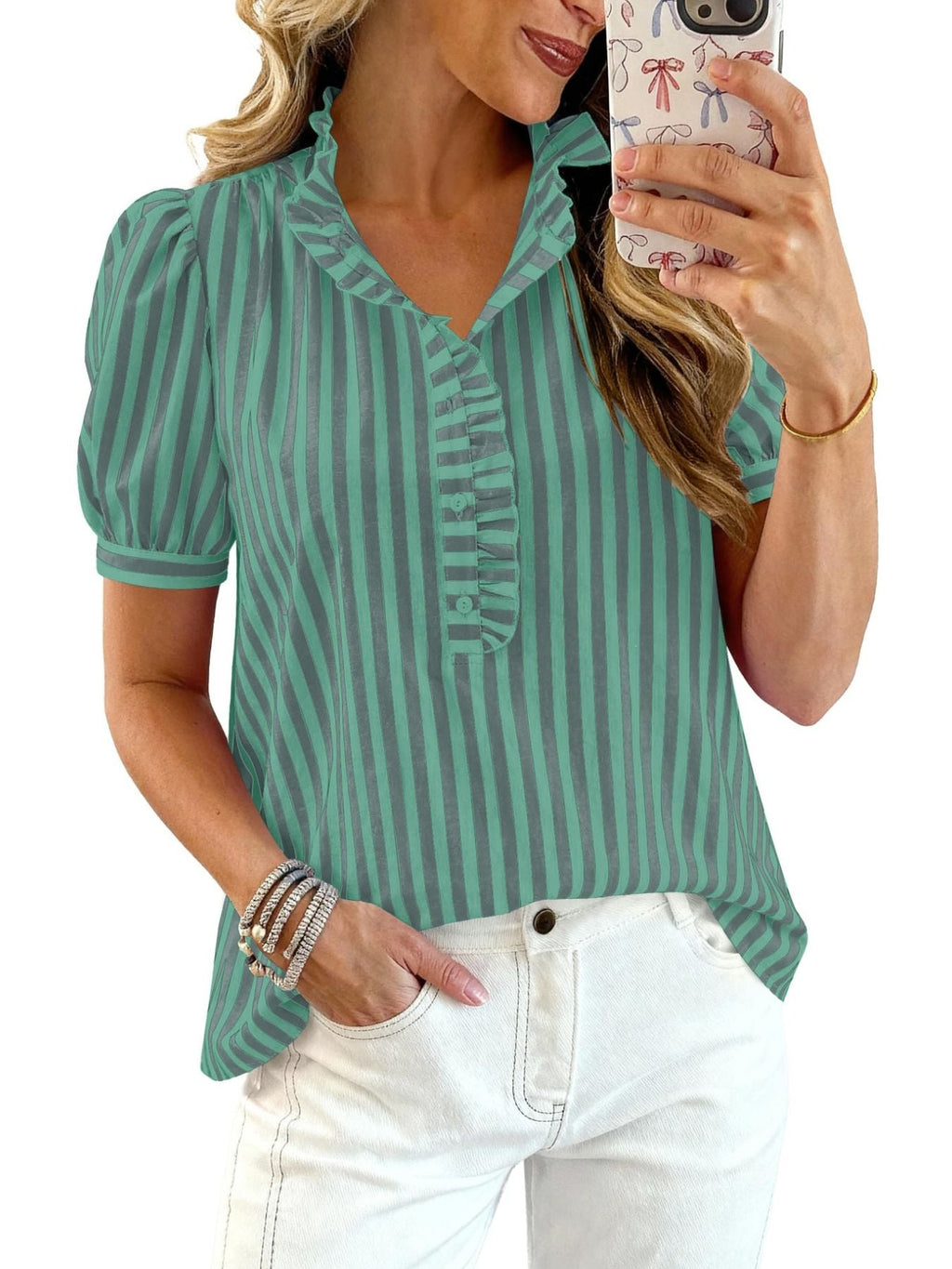 Frill Striped Puff Sleeve Blouse