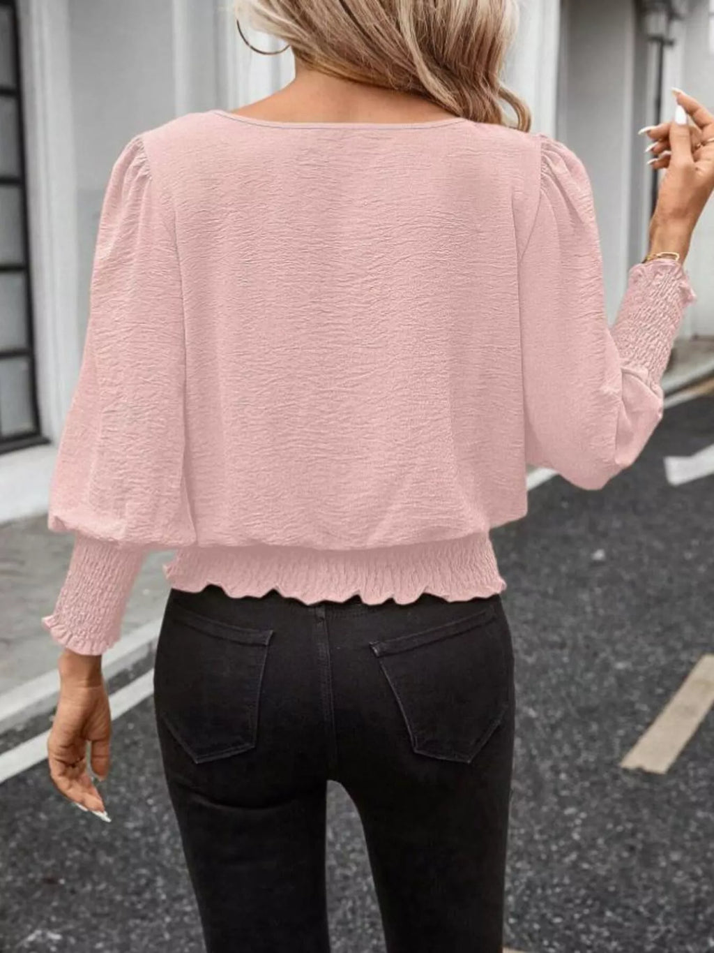 Smocked Waist Round Neck Blouse