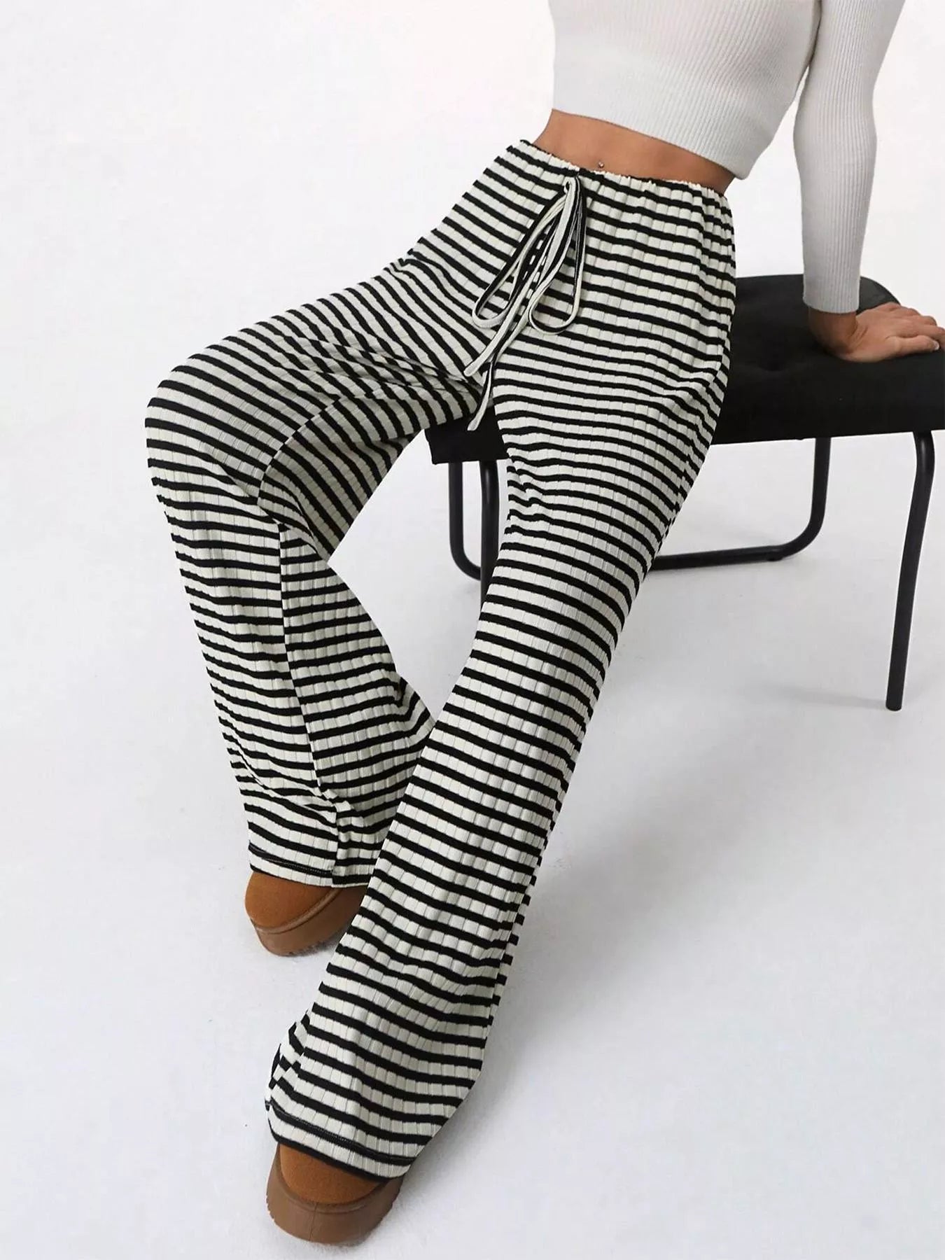 Striped Ribbed Knit Drawstring Waist Wide Leg Pants