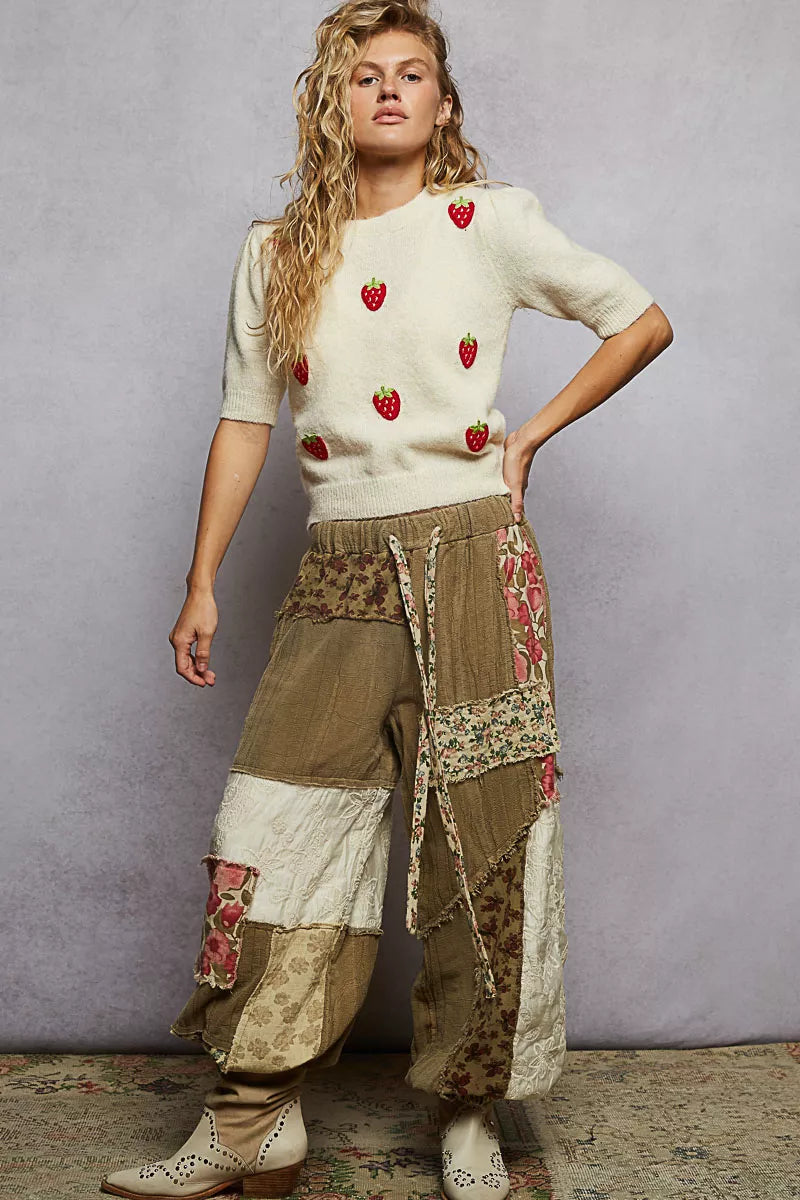 POL Round Neck Strawberry Patch Sweater with Shirring Shoulder