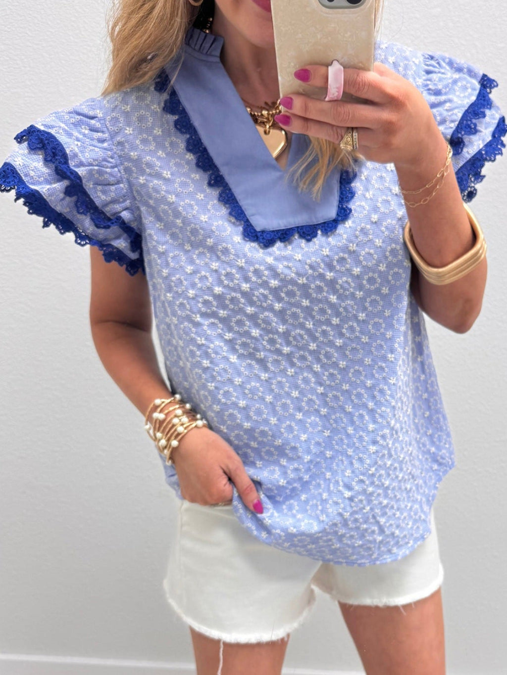 Eyelet Embroidered Flower Texture Contrast Lace Trim Flutter Sleeve Blouse