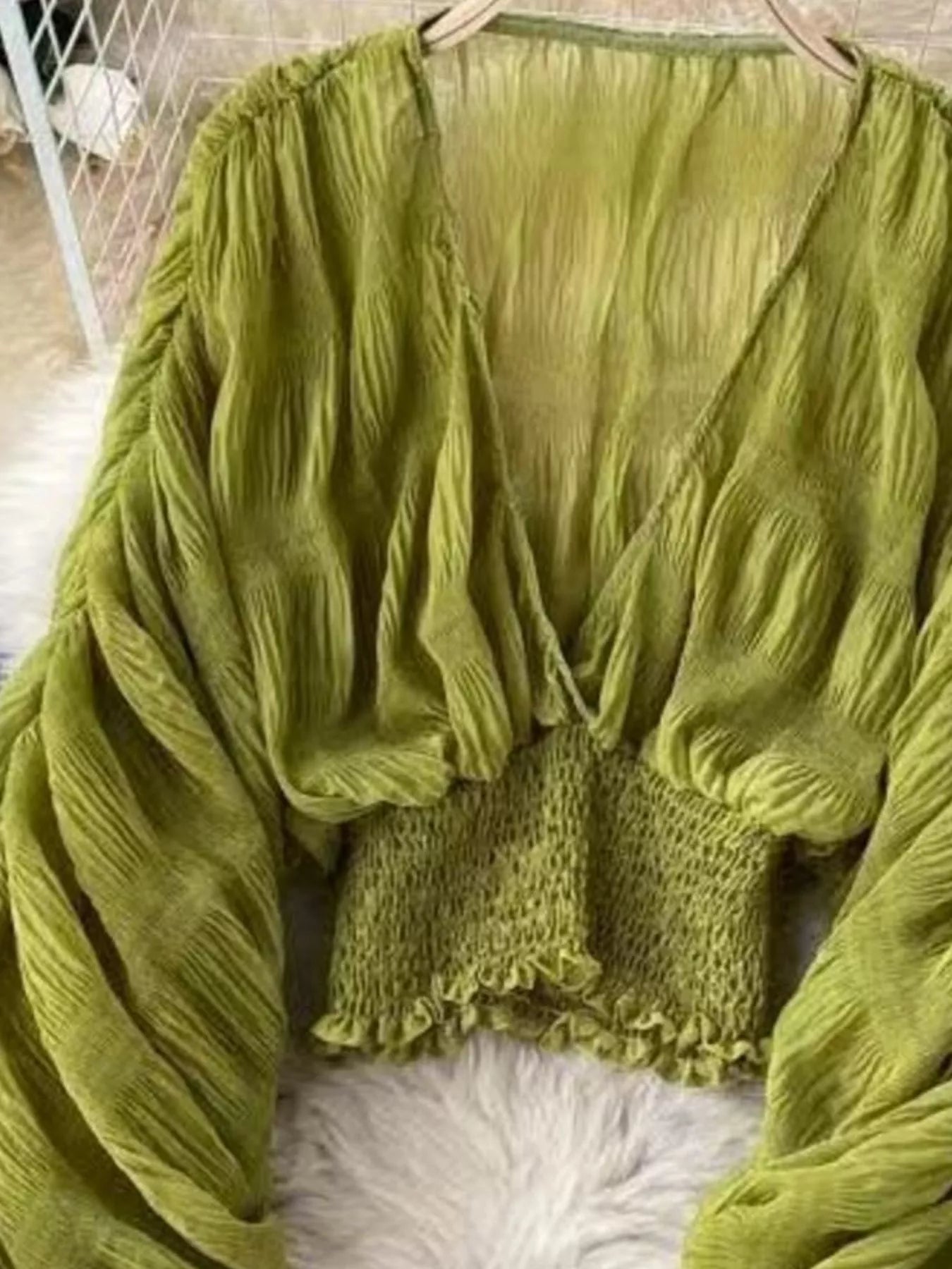 Smocked Ruched Long Sleeve Blouse