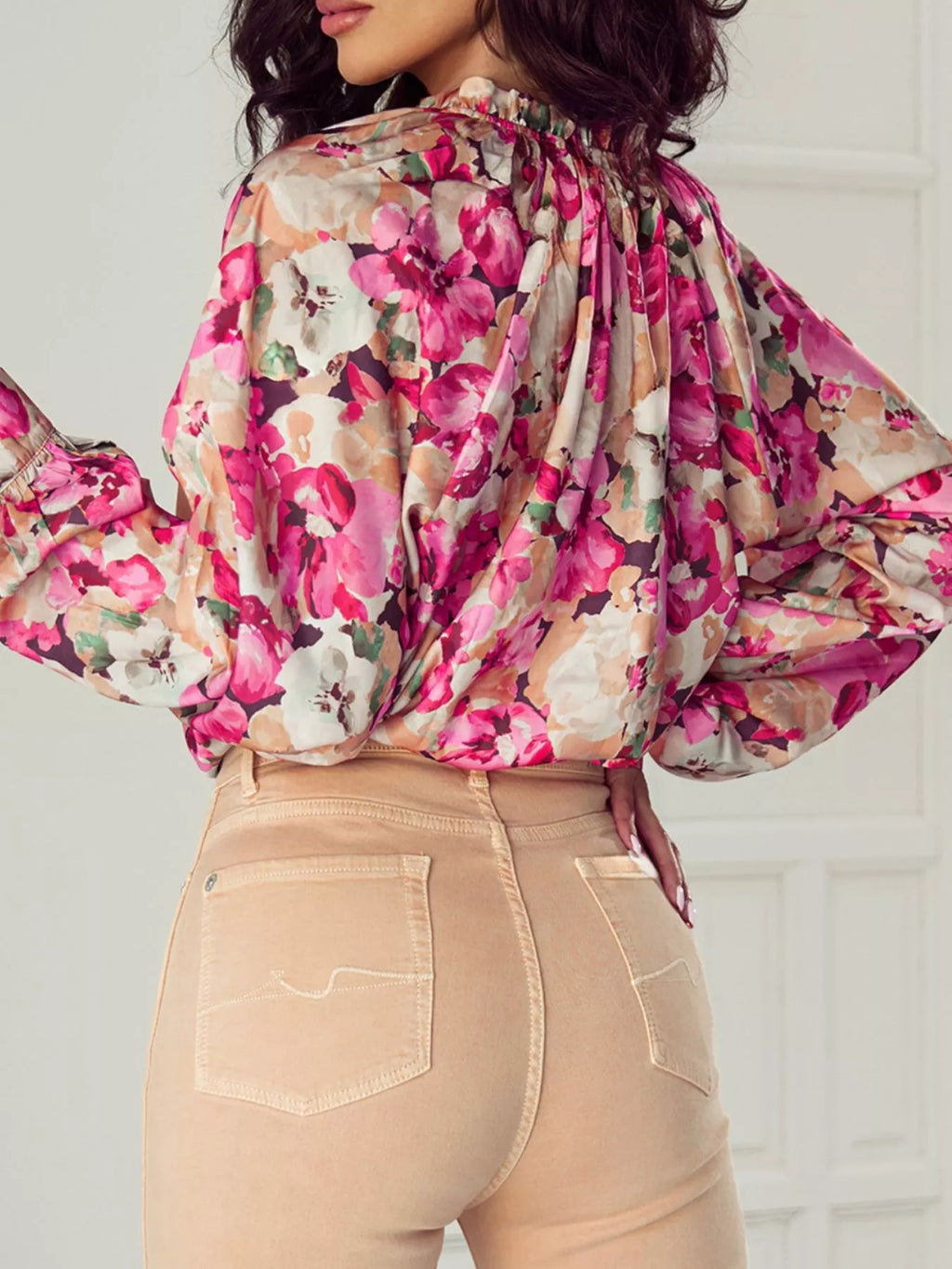 Floral Print Ruffle Trim Long Sleeve Shirt