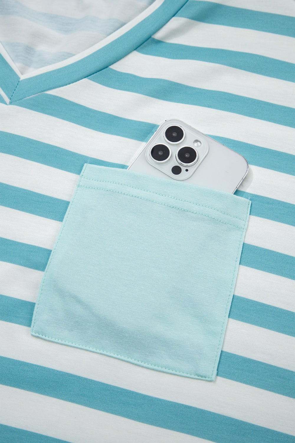 Stripe V Neck Patched Pocket Casual T Shirt