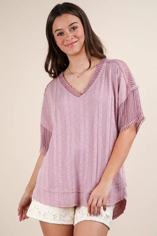 VERY J Oversized Contrast Knit Comfy Casual Top
