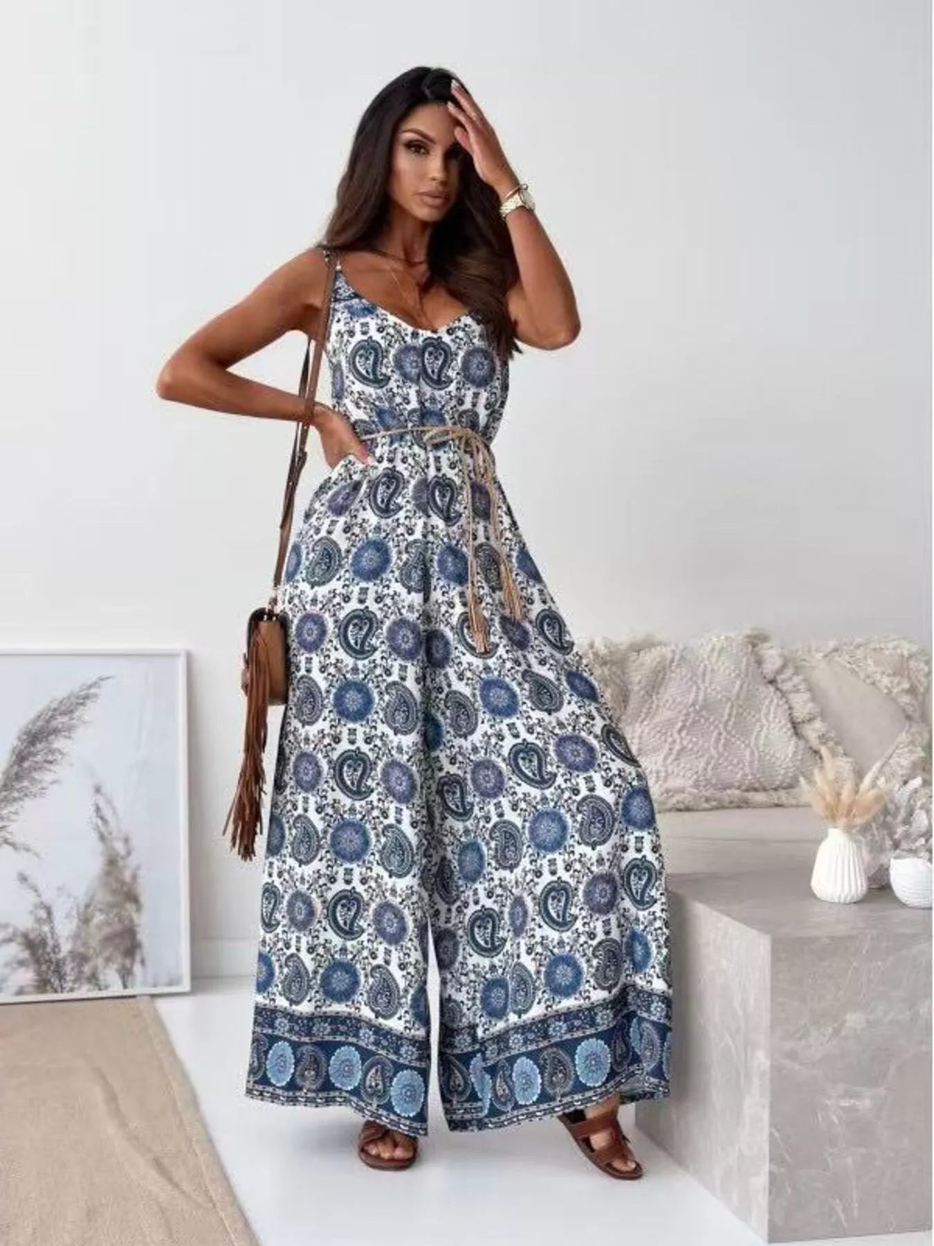 Printed Spaghetti Strap Wide-Leg Jumpsuit