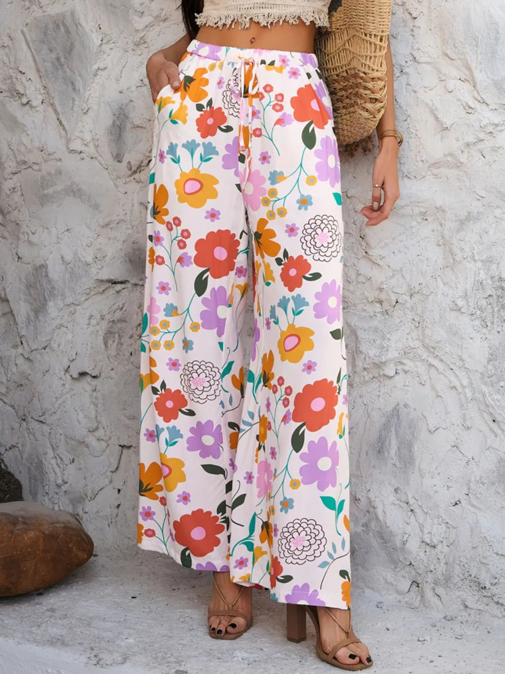 Devine Drawstring Printed Wide Leg Pants