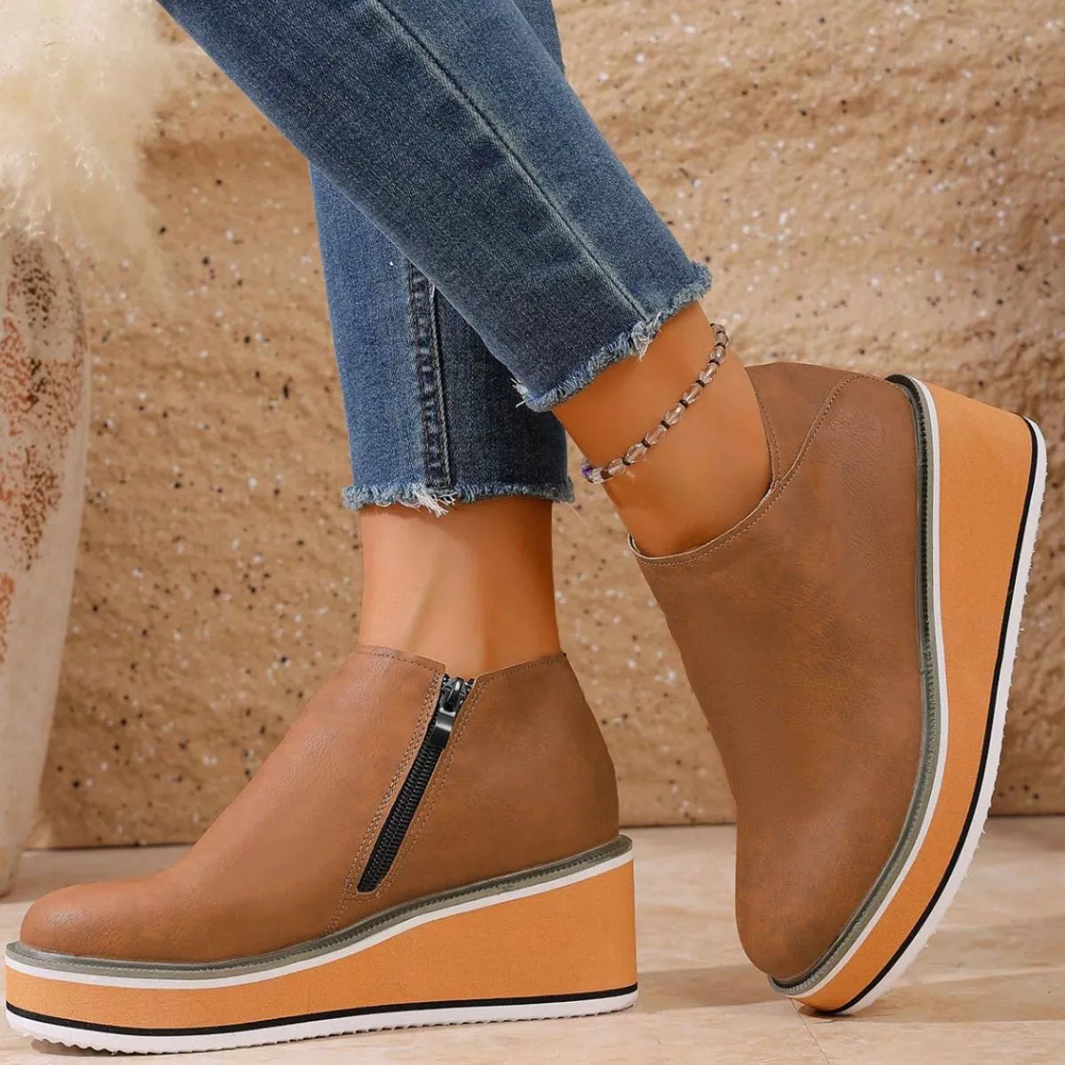 Round Toe Wedge Ankle Boots
