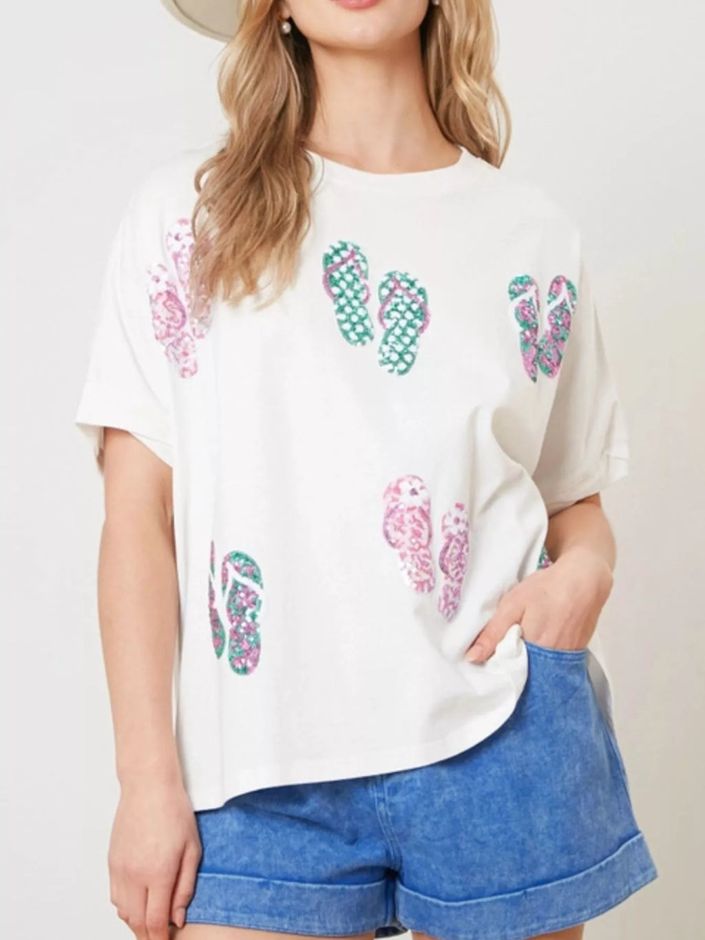 Flip-Flop Print Round Neck Casual T-Shirt