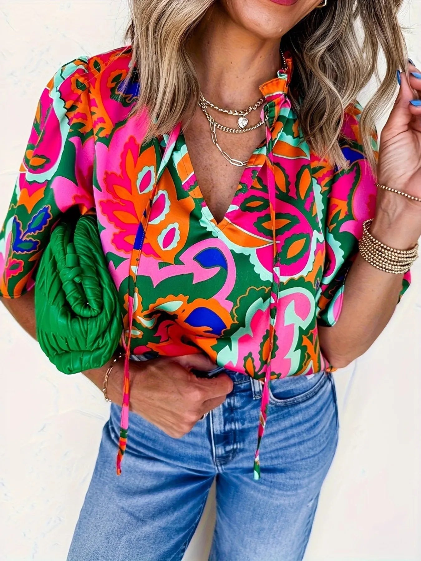 Printed Tie Neck Short Sleeve Blouse