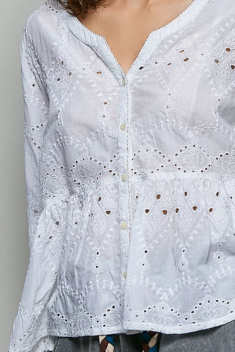 POL Eyelet Embroidery Peplum Button Front Cotton Shirt