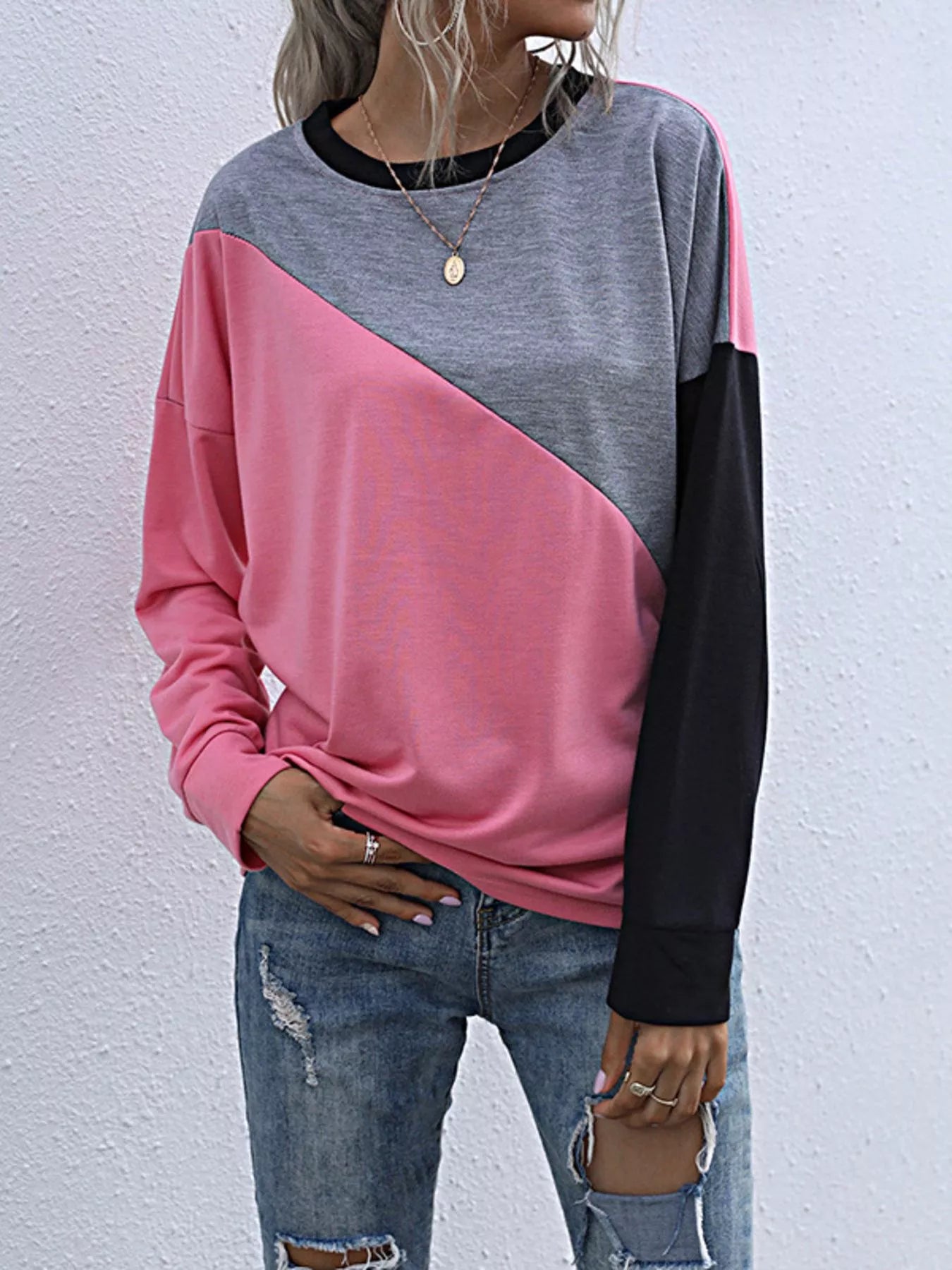 Color Block Casual Round Neck Sweatshirt