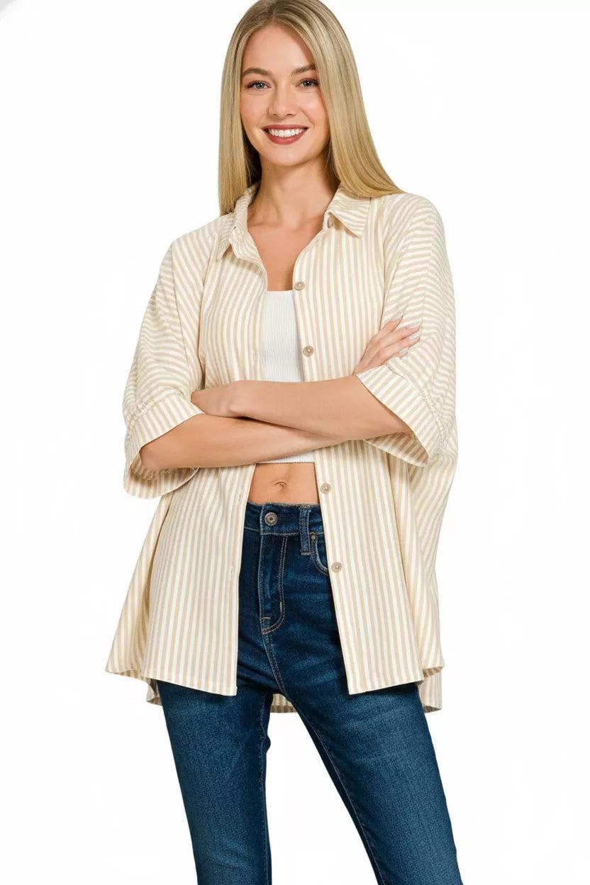 Zenana Oversized Stripe Button Down Shirt