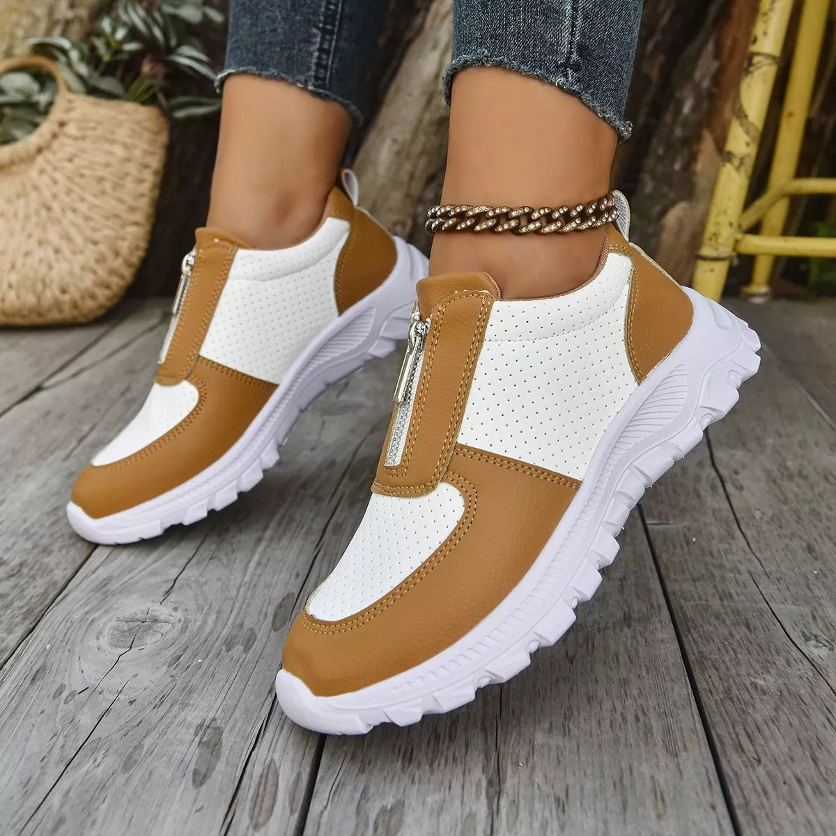 Contrast Breathable Zip Sneakers