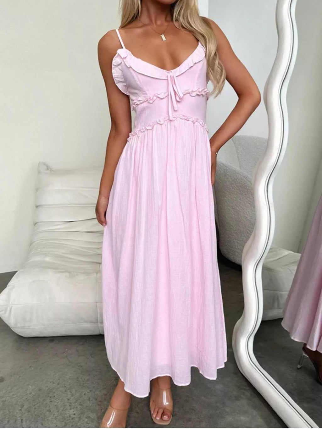 Ruffled Trimmed Spaghetti Strap Midi Dress