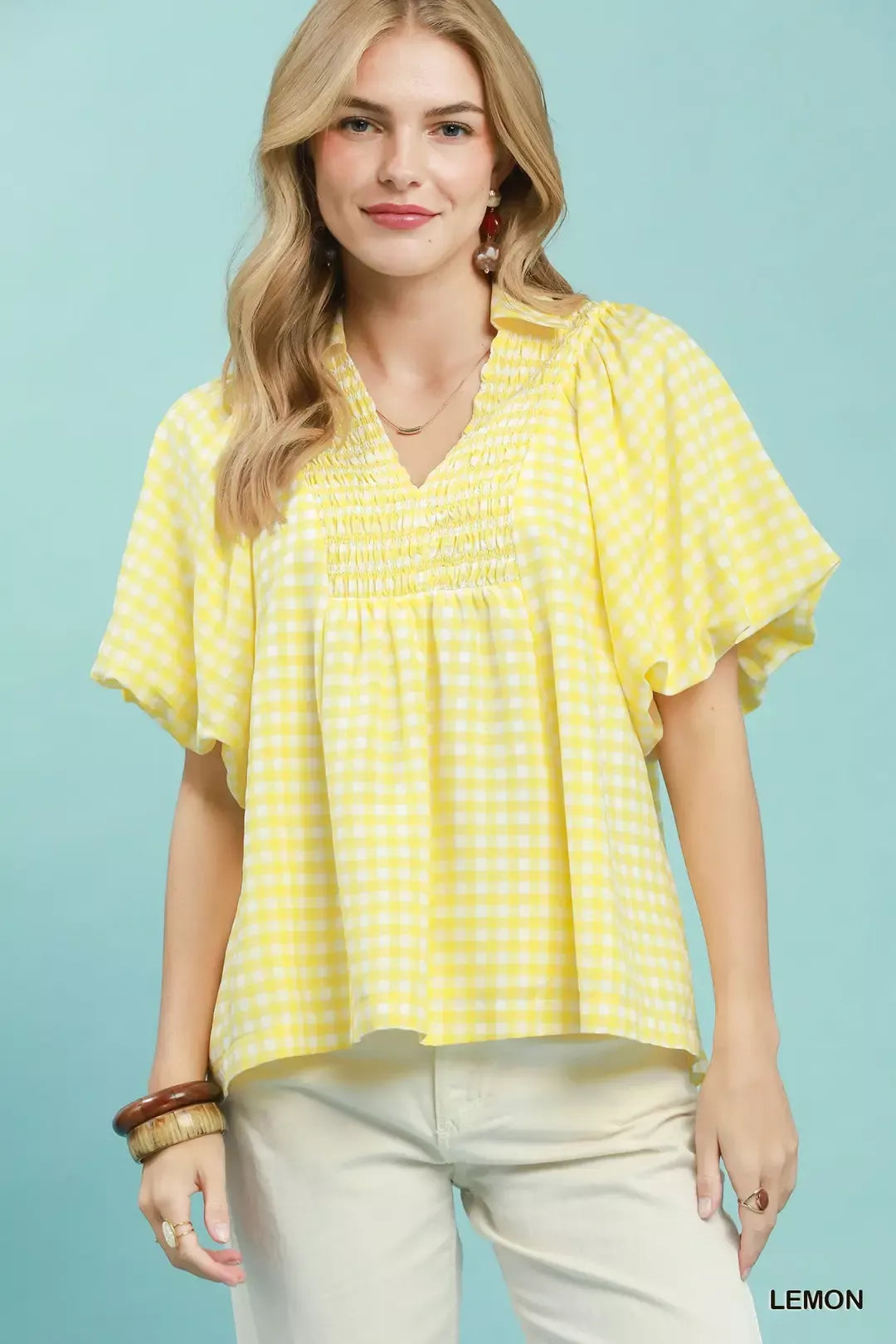 Umgee Smocked Yoke Puff Sleeve Gingham Blouse