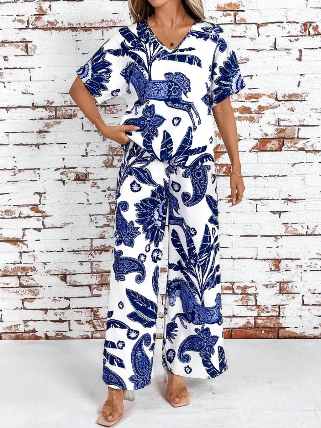 Printed V-Neck Top and Wide Leg Pants Set