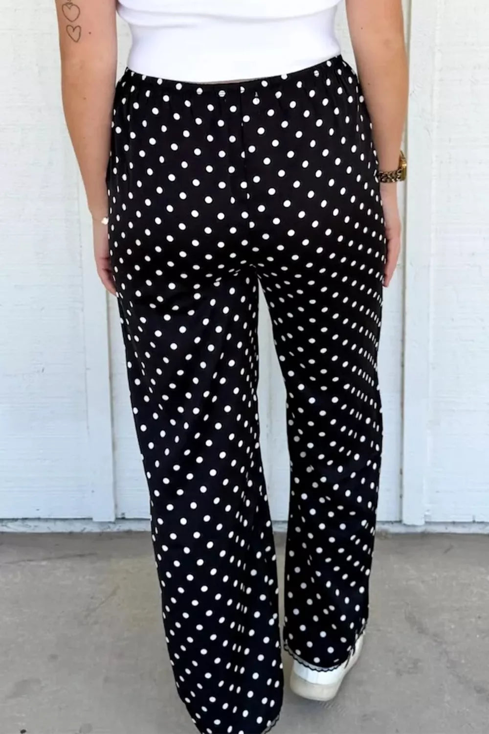 Polka Dot Print Elastic Waist Lace Hem Loose Pants