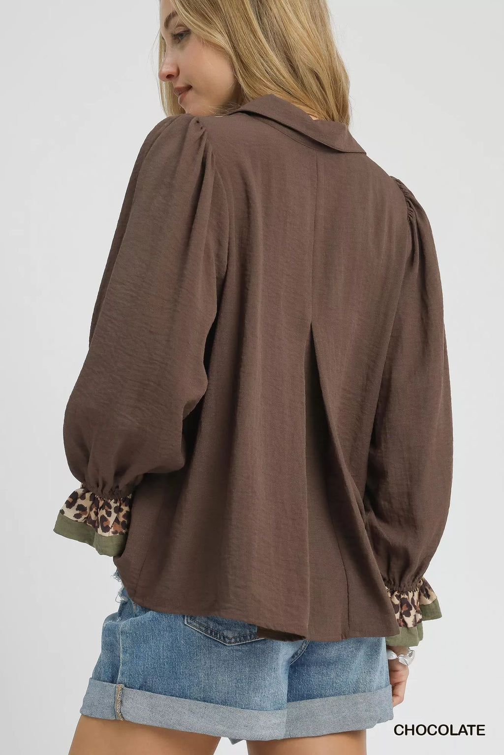 Umgee Half Button Blouse with Leopard Print Trim