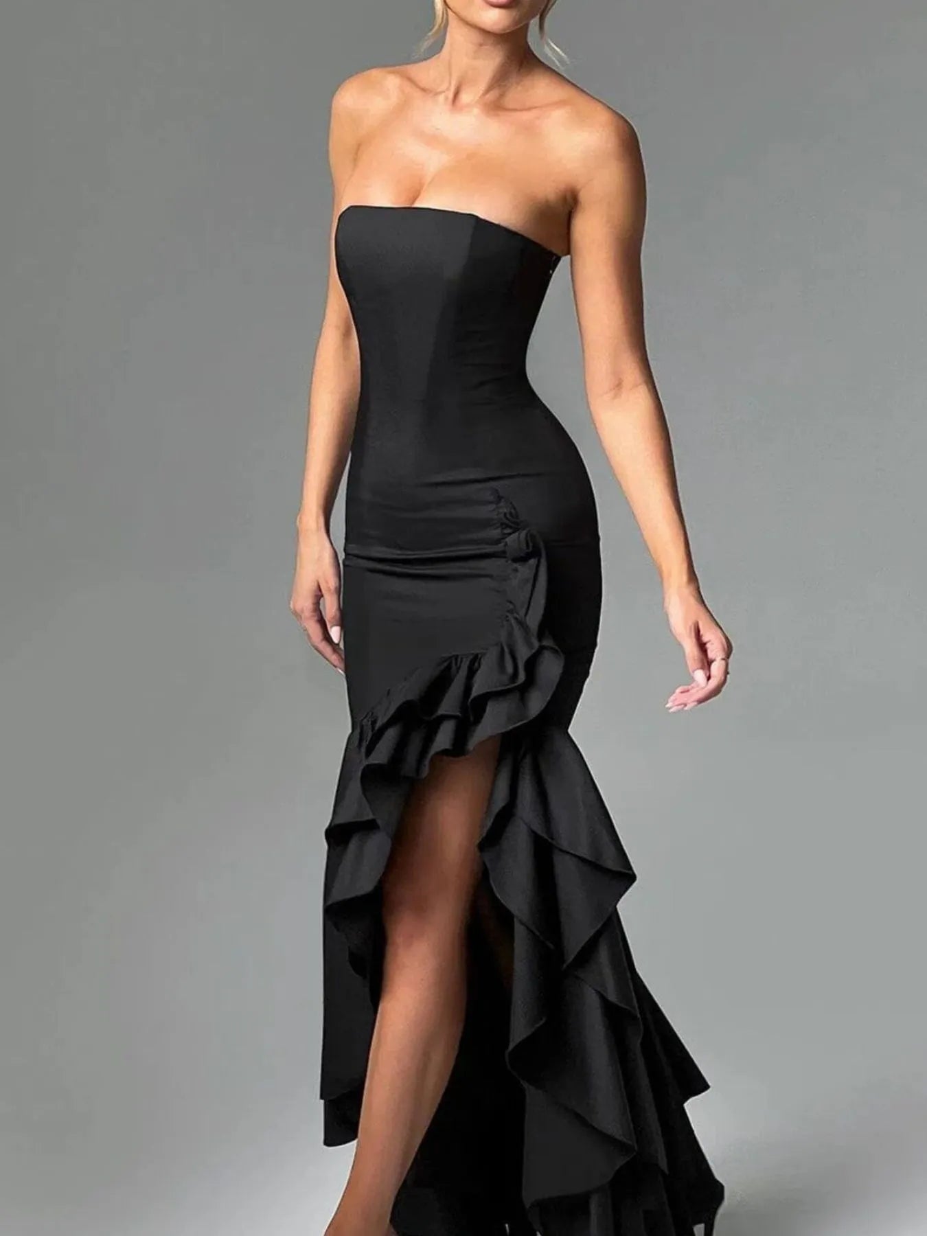 Strapless Ruffle High-Low Bodycon Dress