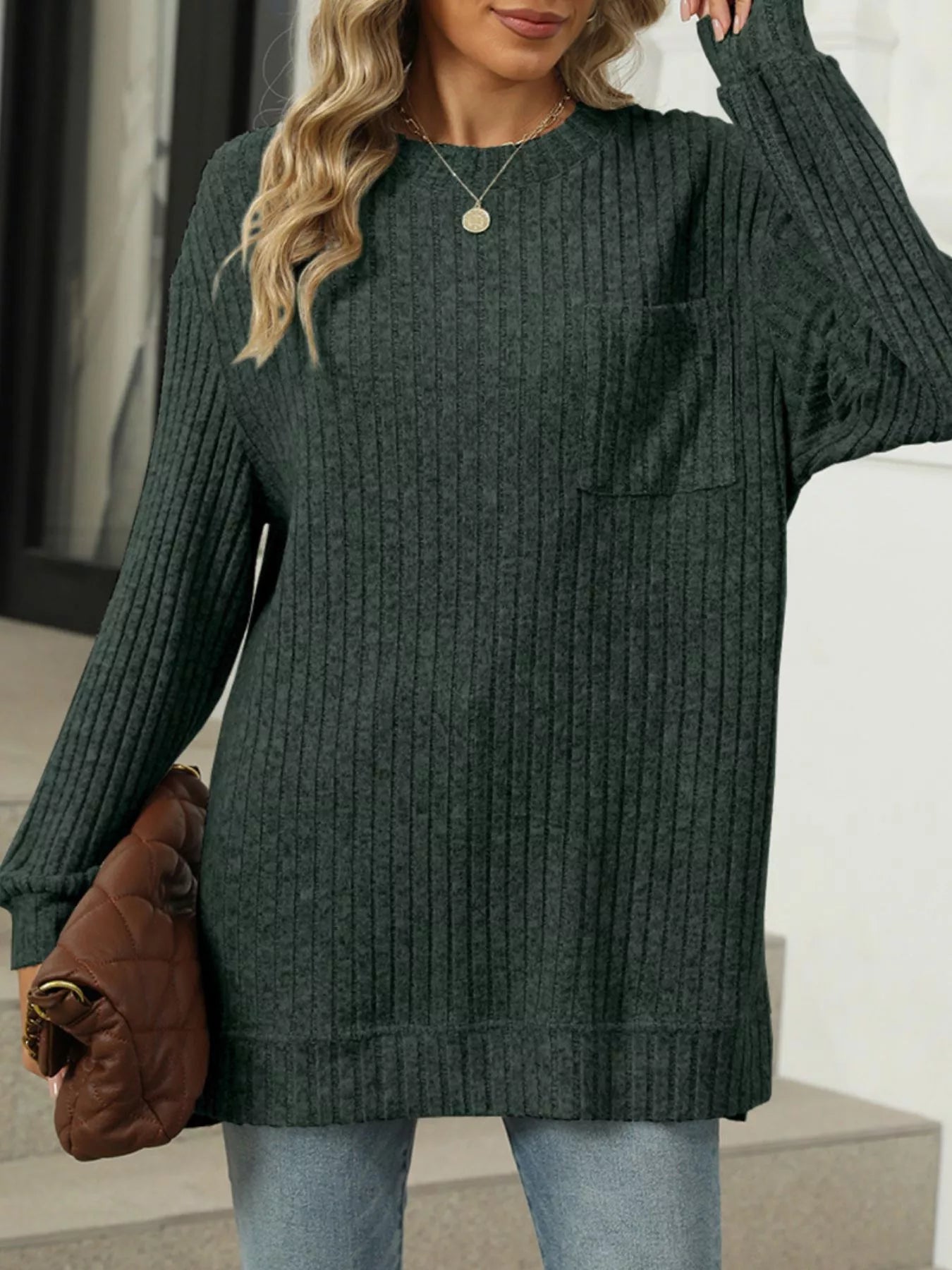 Ribbed Knit Round Neck Sweater