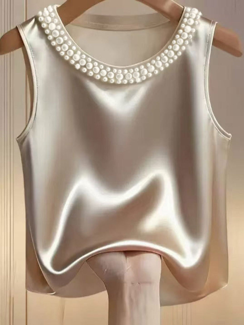 Pearl Embellished Satin Tank Top