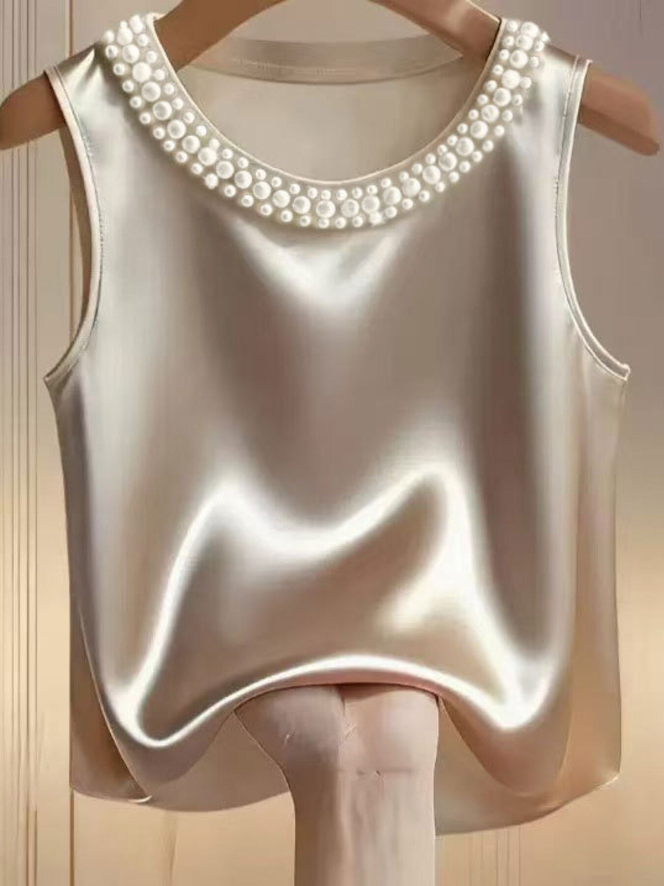 Pearl Embellished Satin Tank Top